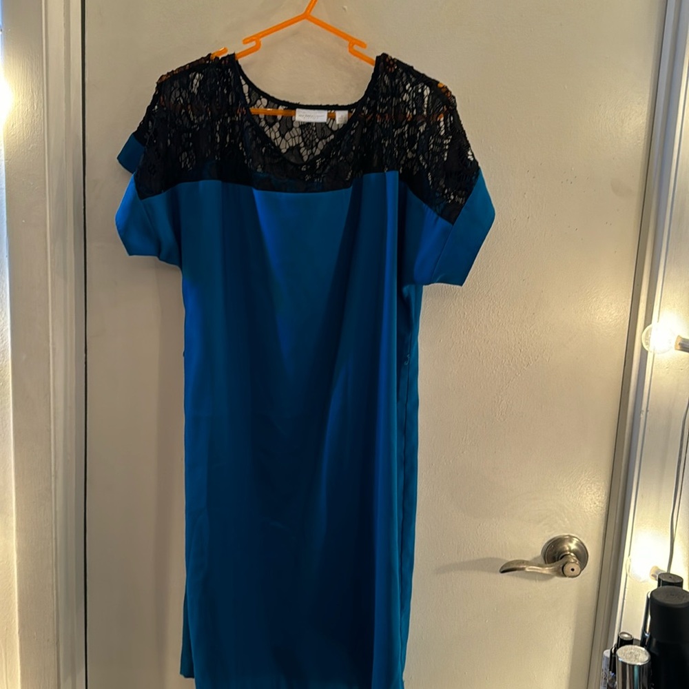 Stunning cobalt blue sheath dress with black crochet/lace top, missing belt